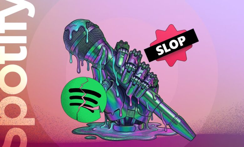 Illustration Of A Robotic Hand Holding A Melting Microphone Next To A Cracked Spotify Logo And A Slo Avif