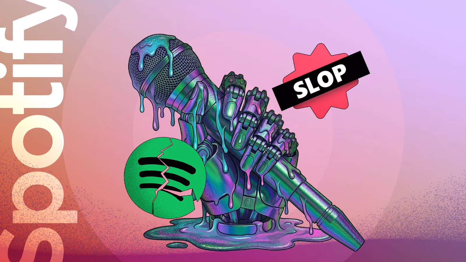 illustration of a robotic hand holding a melting microphone next to a cracked spotify logo and a slo avif