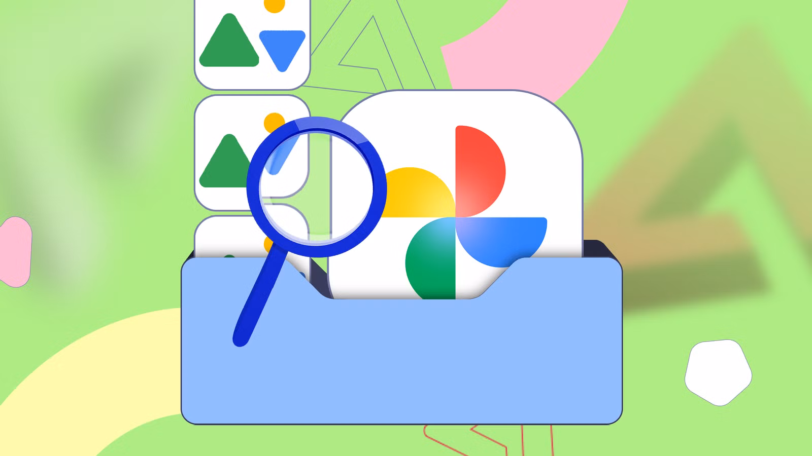 magnifying glass inspecting a blue folder containing the google photos icon png