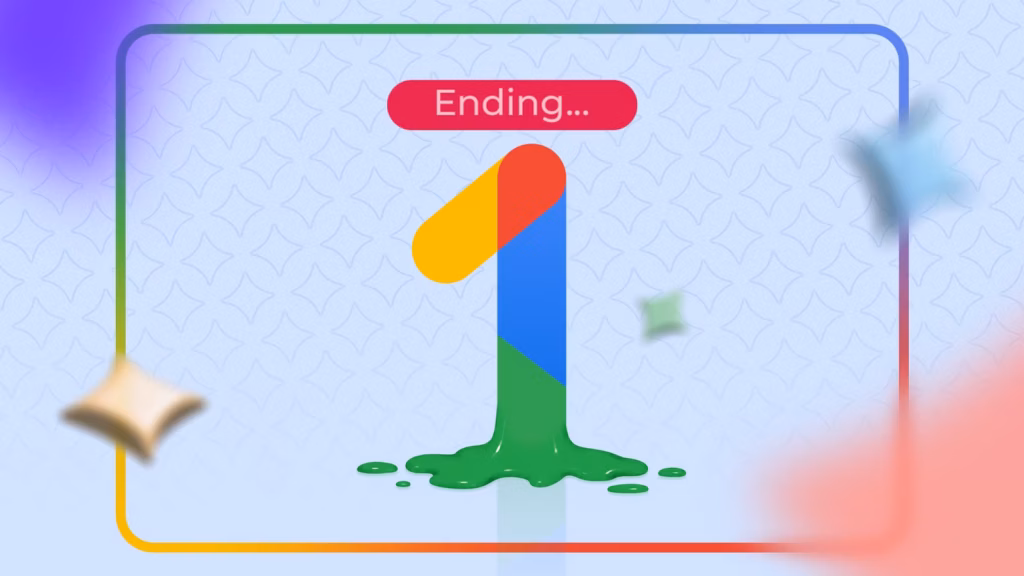 Melting Google One Logo With An Ending Message Above It On A Soft Blue Background With Floating Gemi Avif