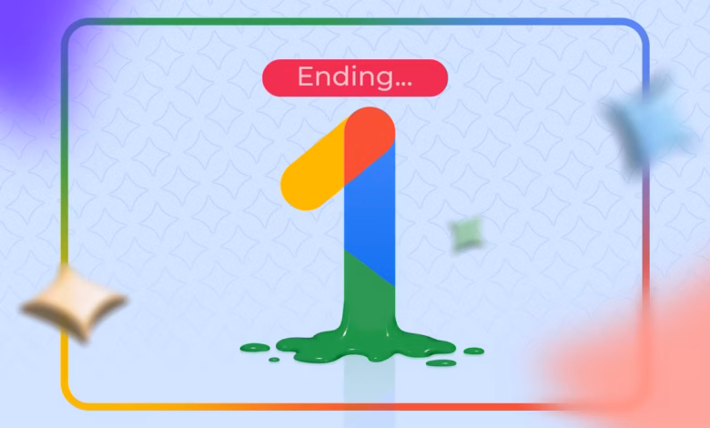 Melting Google One Logo With An Ending Message Above It On A Soft Blue Background With Floating Gemi Avif