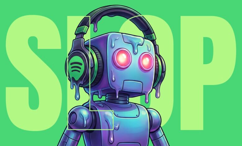 Melting Robot With Glowing Red Eyes Wearing Headphones Featuring The Spotify Logo Superimposed Over Avif