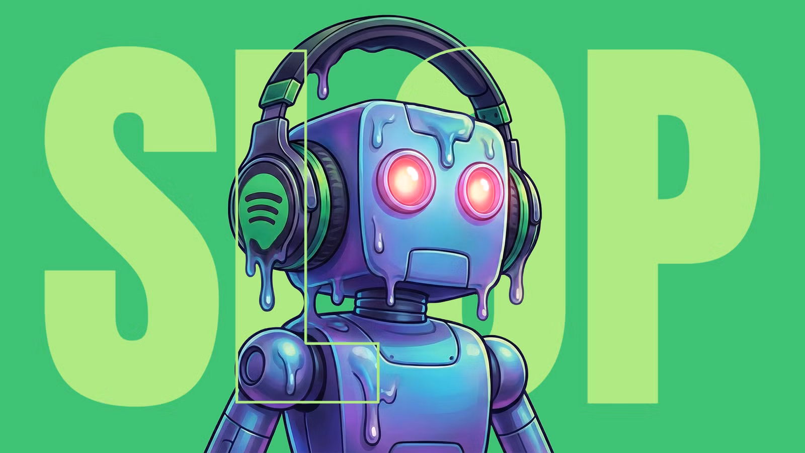 melting robot with glowing red eyes wearing headphones featuring the spotify logo superimposed over avif