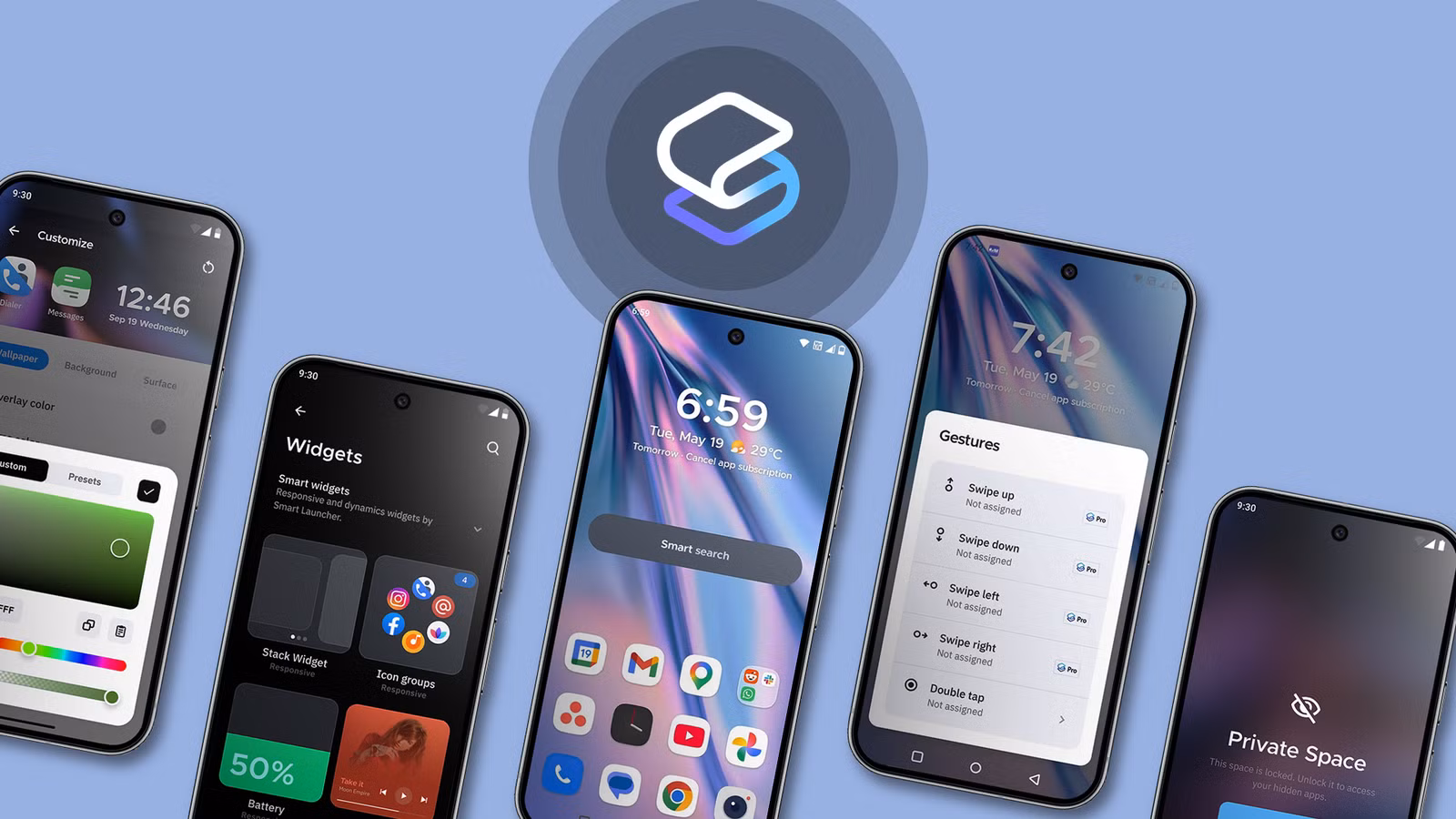 multiple smartphones displaying smart launcher 6 home screen and customization features png