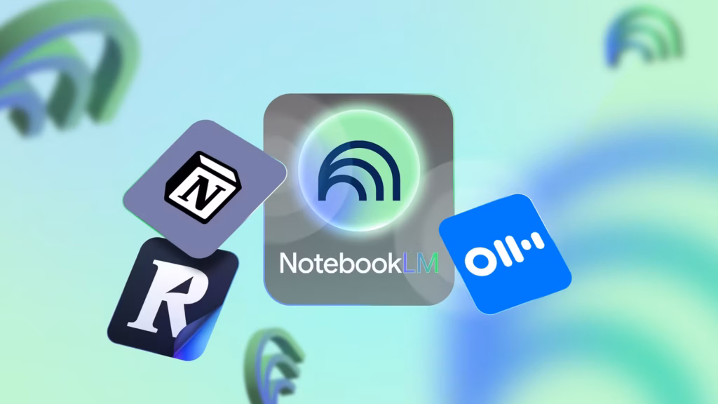 Notebooklm Logo Surrounded By Notion Readwise And Otter Ai App Icons On A Soft Green And Blue Backgr Avif