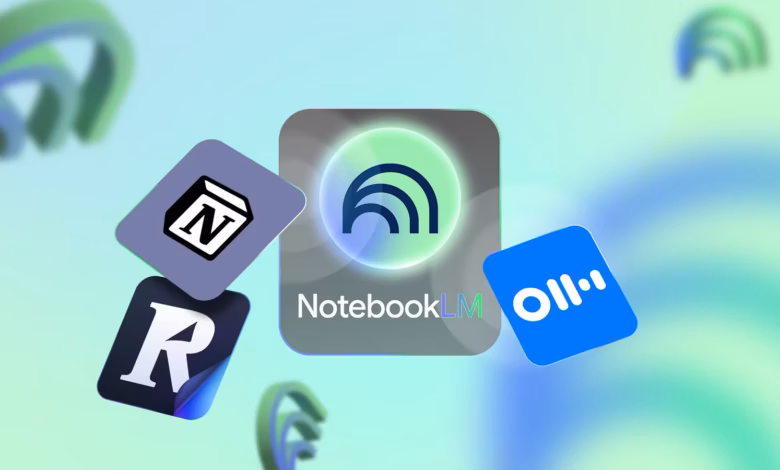 Notebooklm Logo Surrounded By Notion Readwise And Otter Ai App Icons On A Soft Green And Blue Backgr Avif