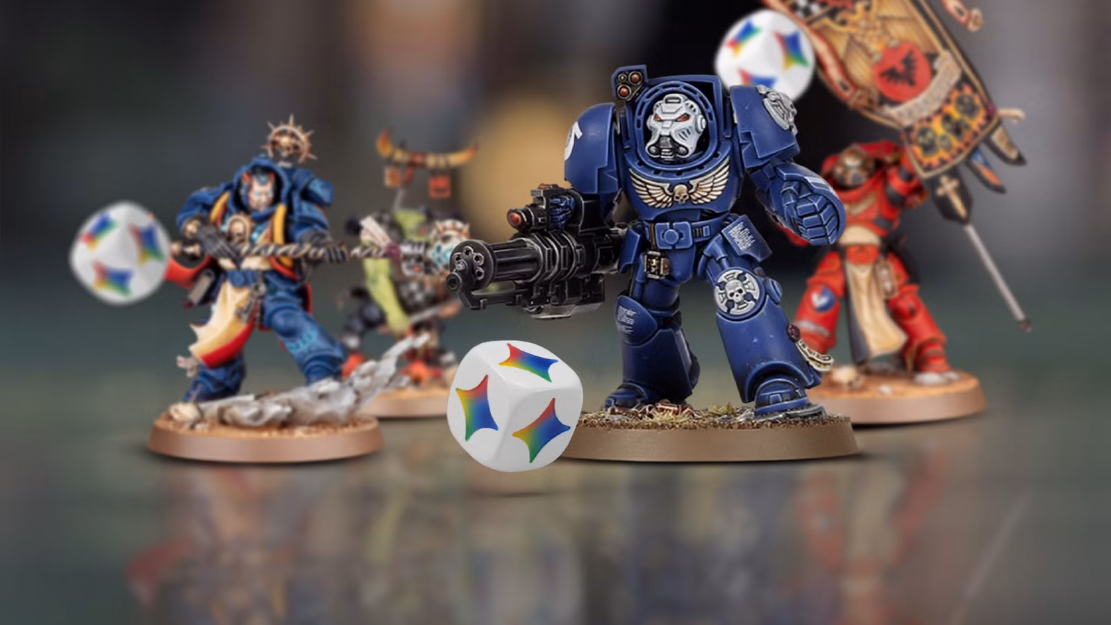painted warhammer 40k miniatures standing among falling gemini dice png
