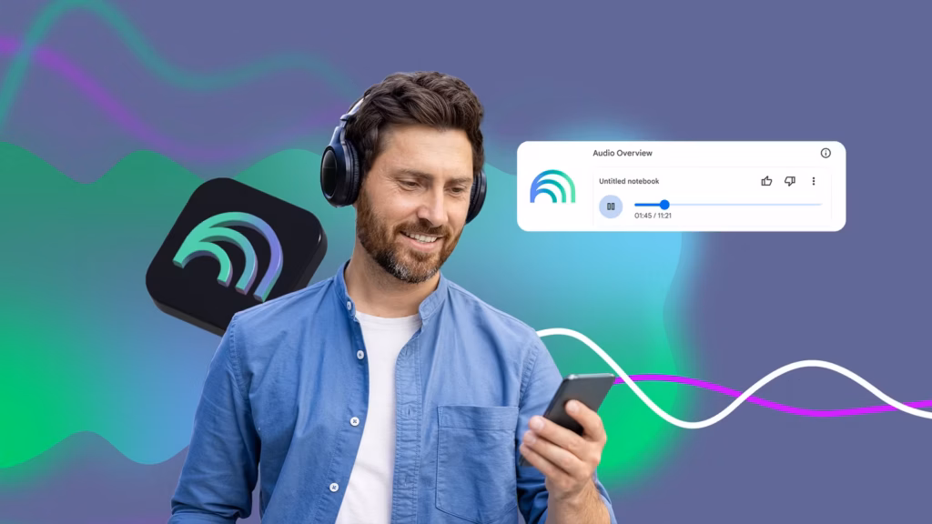 Person Wearing Headphones And Listening To Notebooklm Audio Overview On A Smartphone With Audio Wave Avif