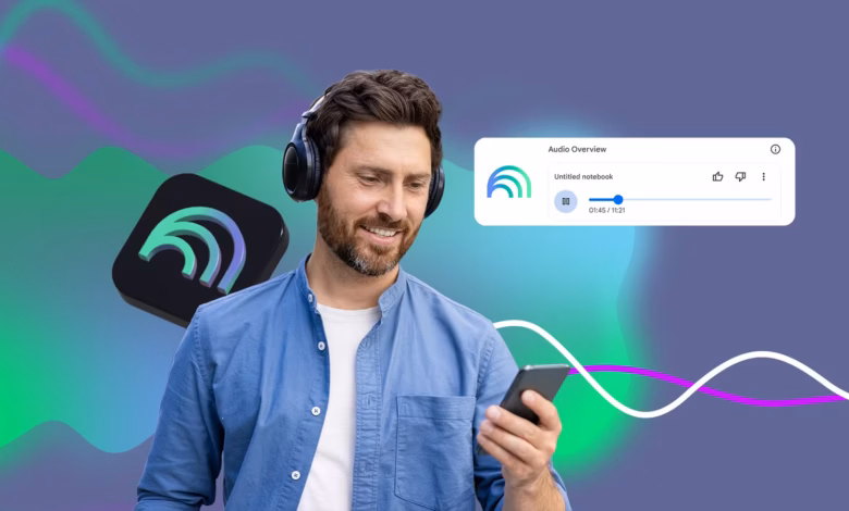 Person Wearing Headphones And Listening To Notebooklm Audio Overview On A Smartphone With Audio Wave Avif