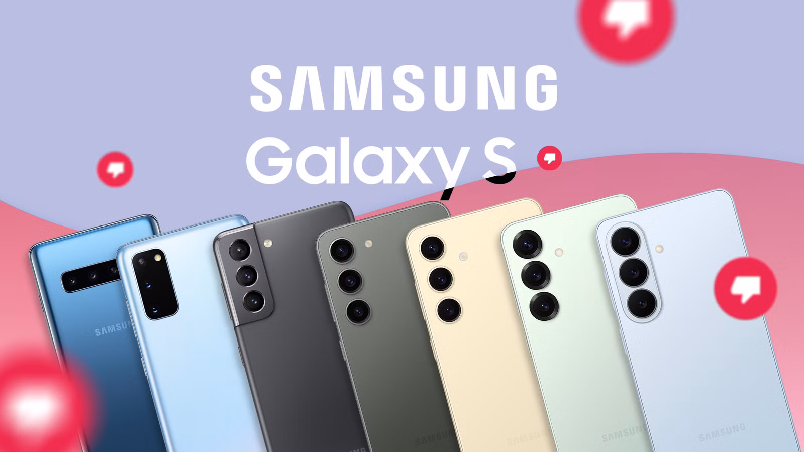 Samsung Galaxy S Phones From Multiple Generations Lined Up With Dislike Icons And Large Galaxy S Tex Avif