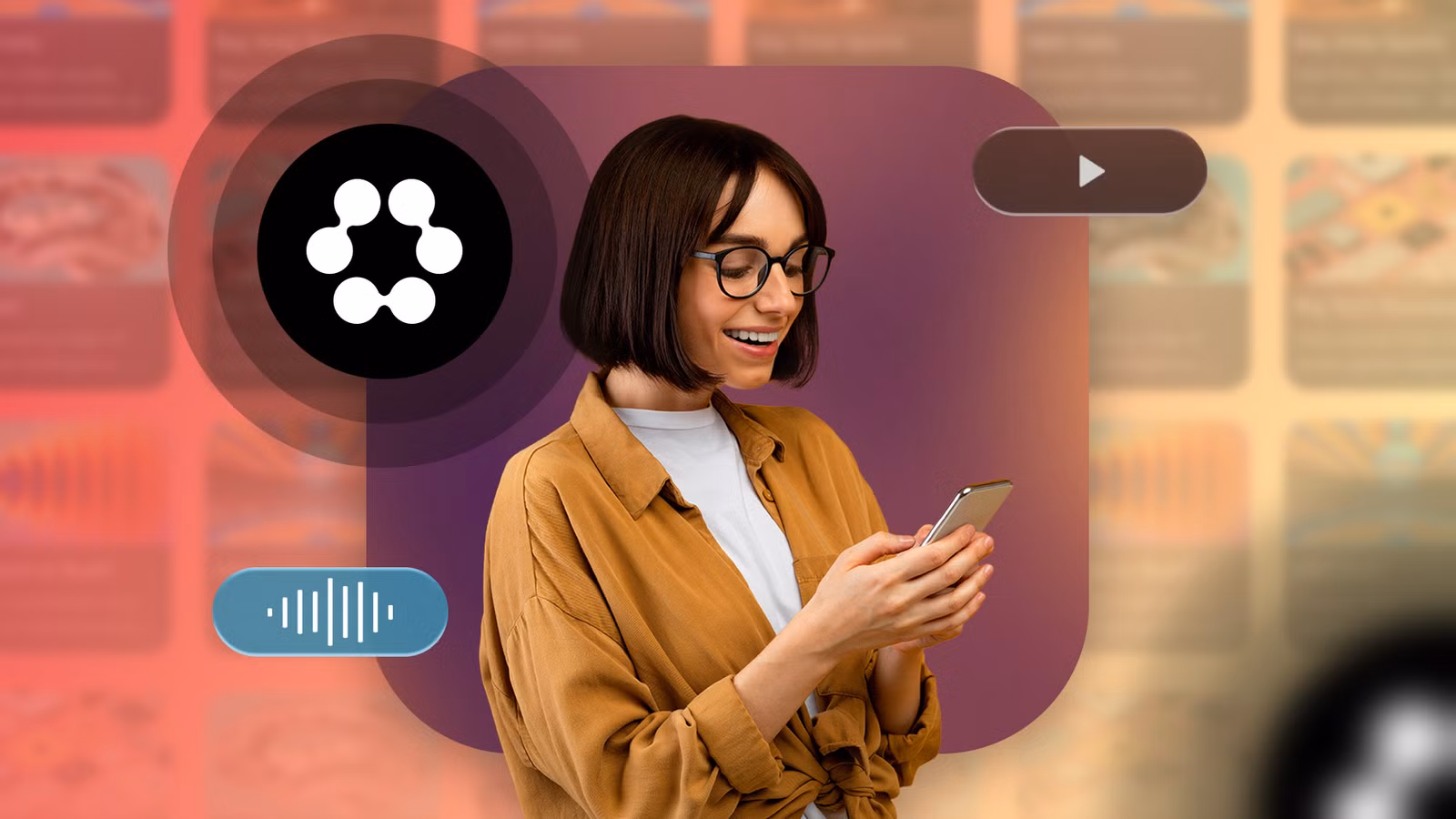 smiling woman using a smartphone with the huxe logo and floating media icons jpg