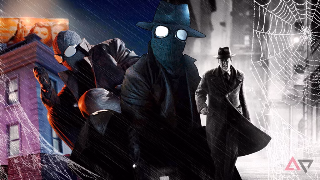 Spider Noir Characters In A Dark Rainy City Alley With Both Black And White Noir And Colored Visuals Avif