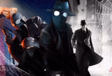 Spider Noir Characters In A Dark Rainy City Alley With Both Black And White Noir And Colored Visuals Avif
