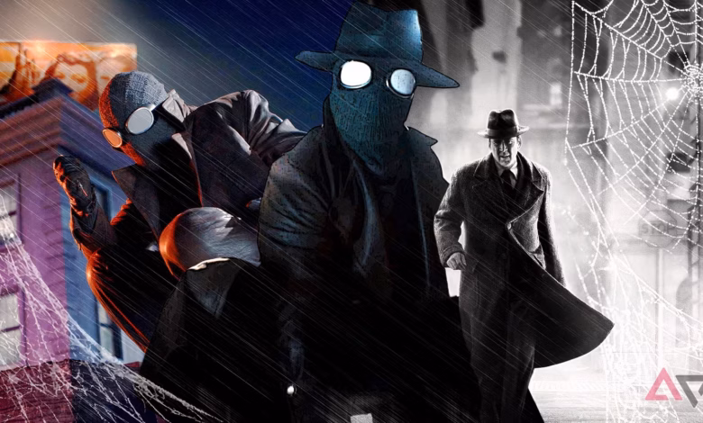 Spider Noir Characters In A Dark Rainy City Alley With Both Black And White Noir And Colored Visuals Avif