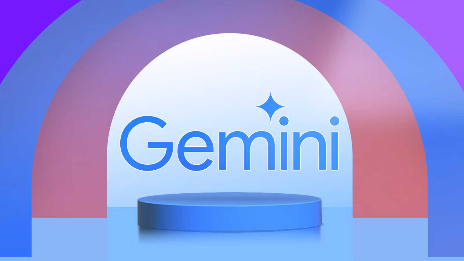 the gemini logo above a blue podium framed by colorful layered arches png