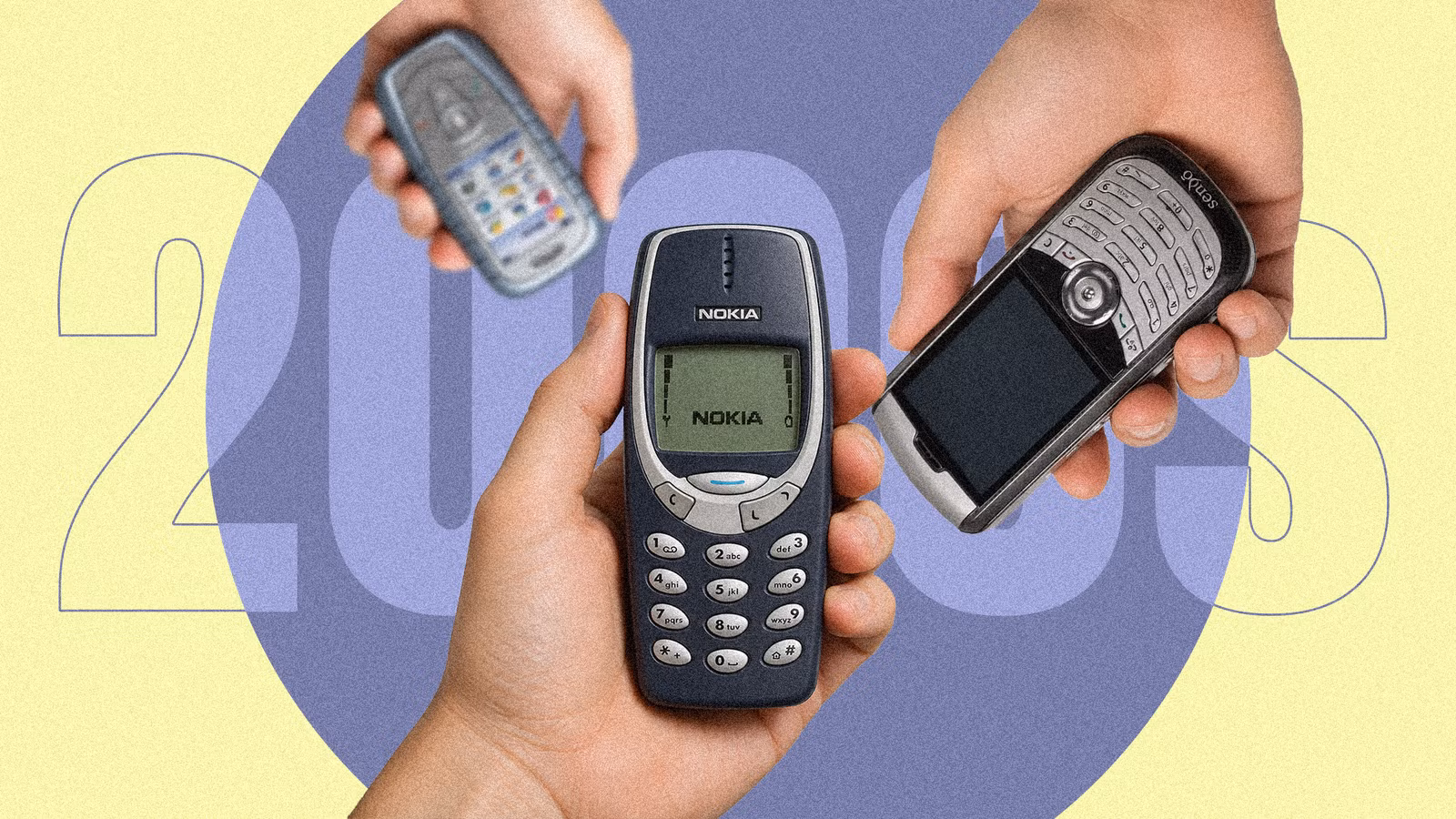three hands holding old early 2000s cellphones png