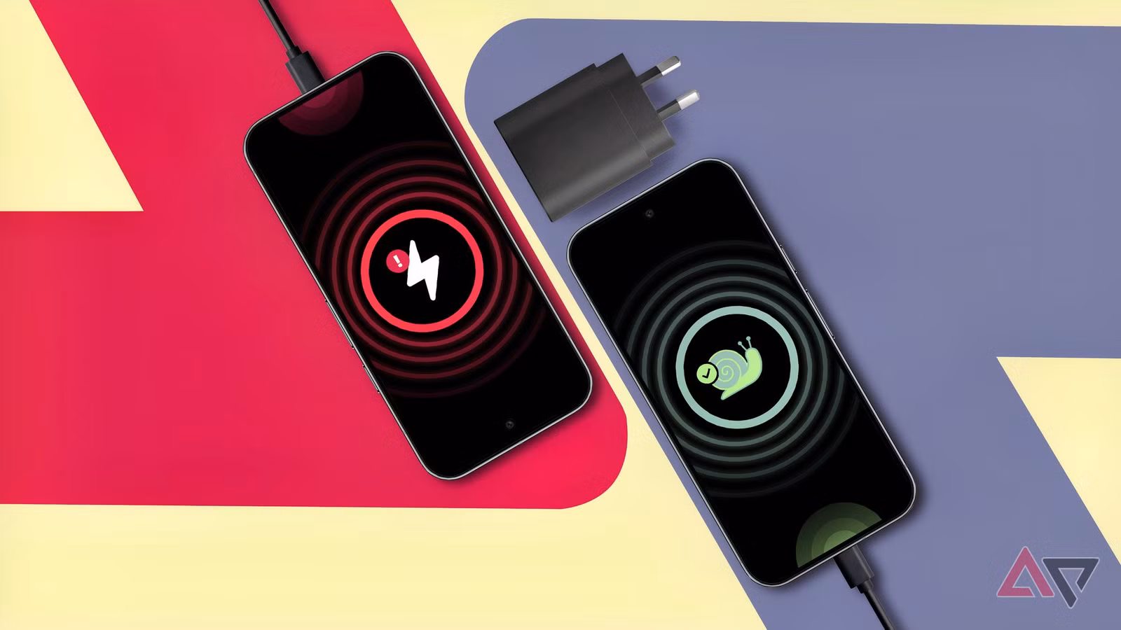 two smartphones charging one showing a red fast charging warning and the other a green slow charging avif