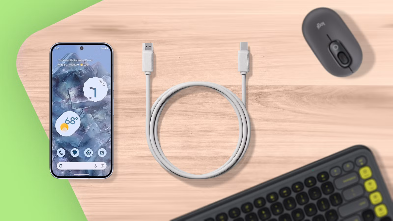 usb c to hdmi cable on a wooden desk with a smartphone keyboard and mouse png