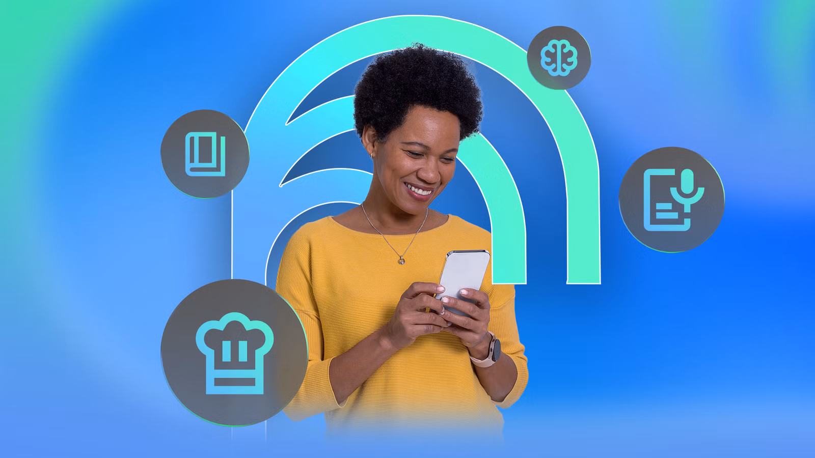 woman using notebooklm on her phone with icons for voice notes meal planning and organized ideas png