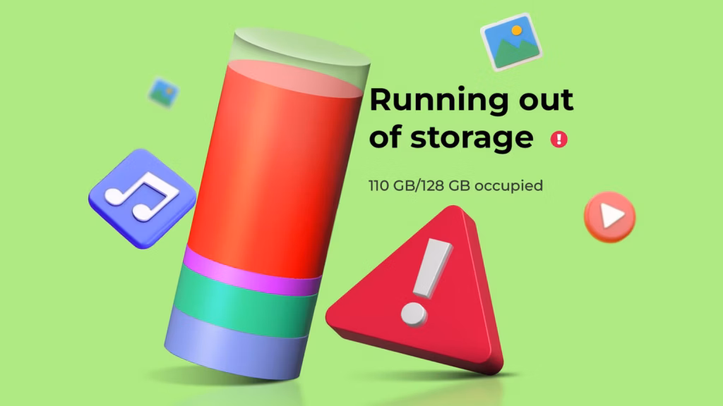 3D Graphic Of A Nearly Full Storage Cylinder Floating Media Icons And A Red Warning Triangle With Ru Avif