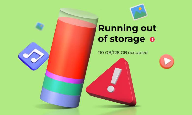 3D Graphic Of A Nearly Full Storage Cylinder Floating Media Icons And A Red Warning Triangle With Ru Avif