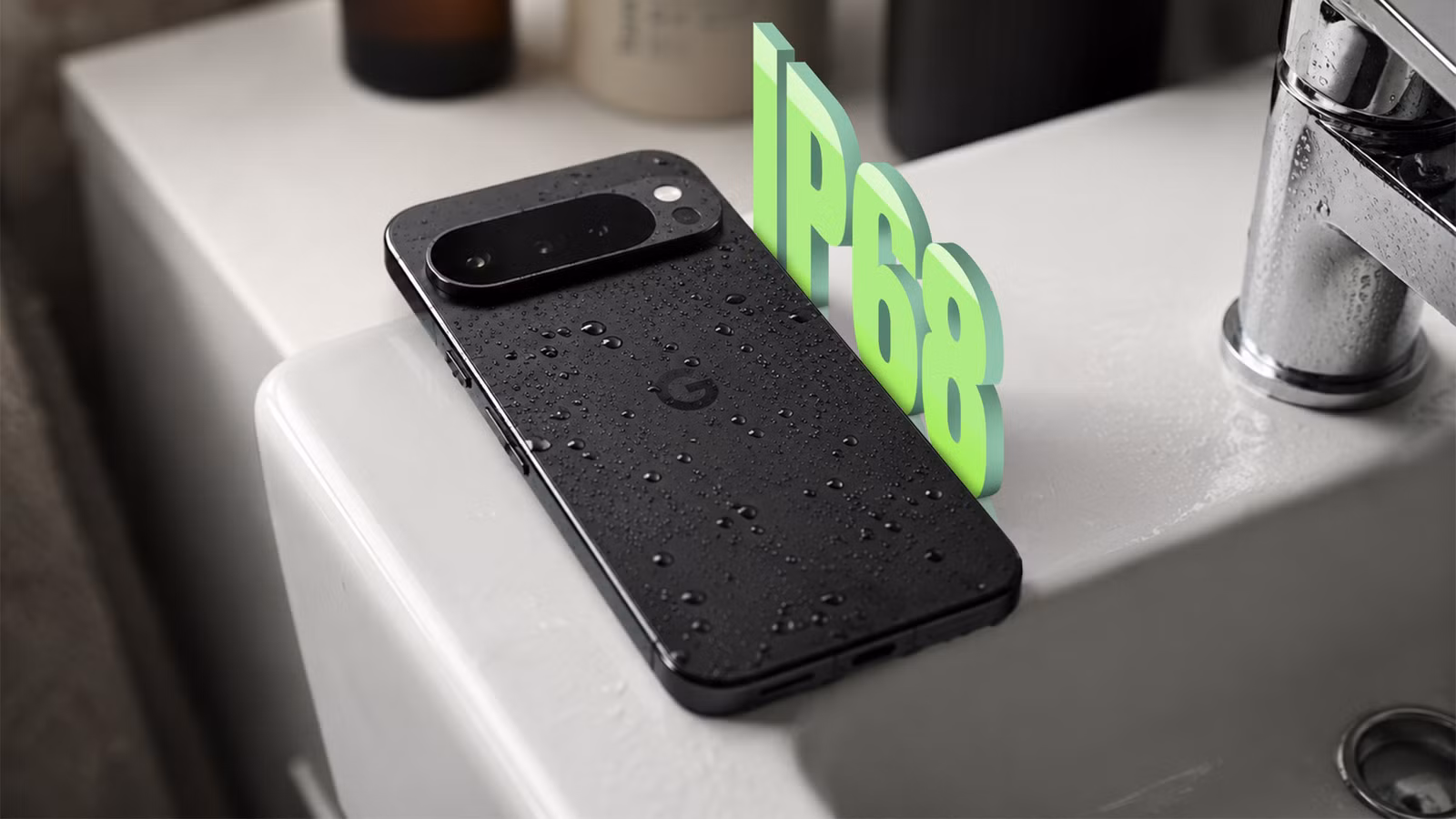 a wet google pixel phone on a bathroom sink with an ip68 label beside it jpg