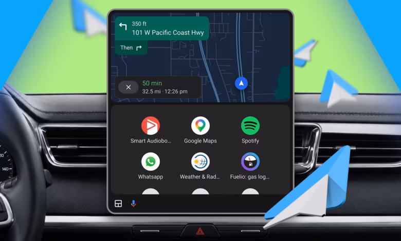 Android Auto Dashboard Showing Google Maps With Essential Apps Like Smart Audiobook Player Spotify W Avif