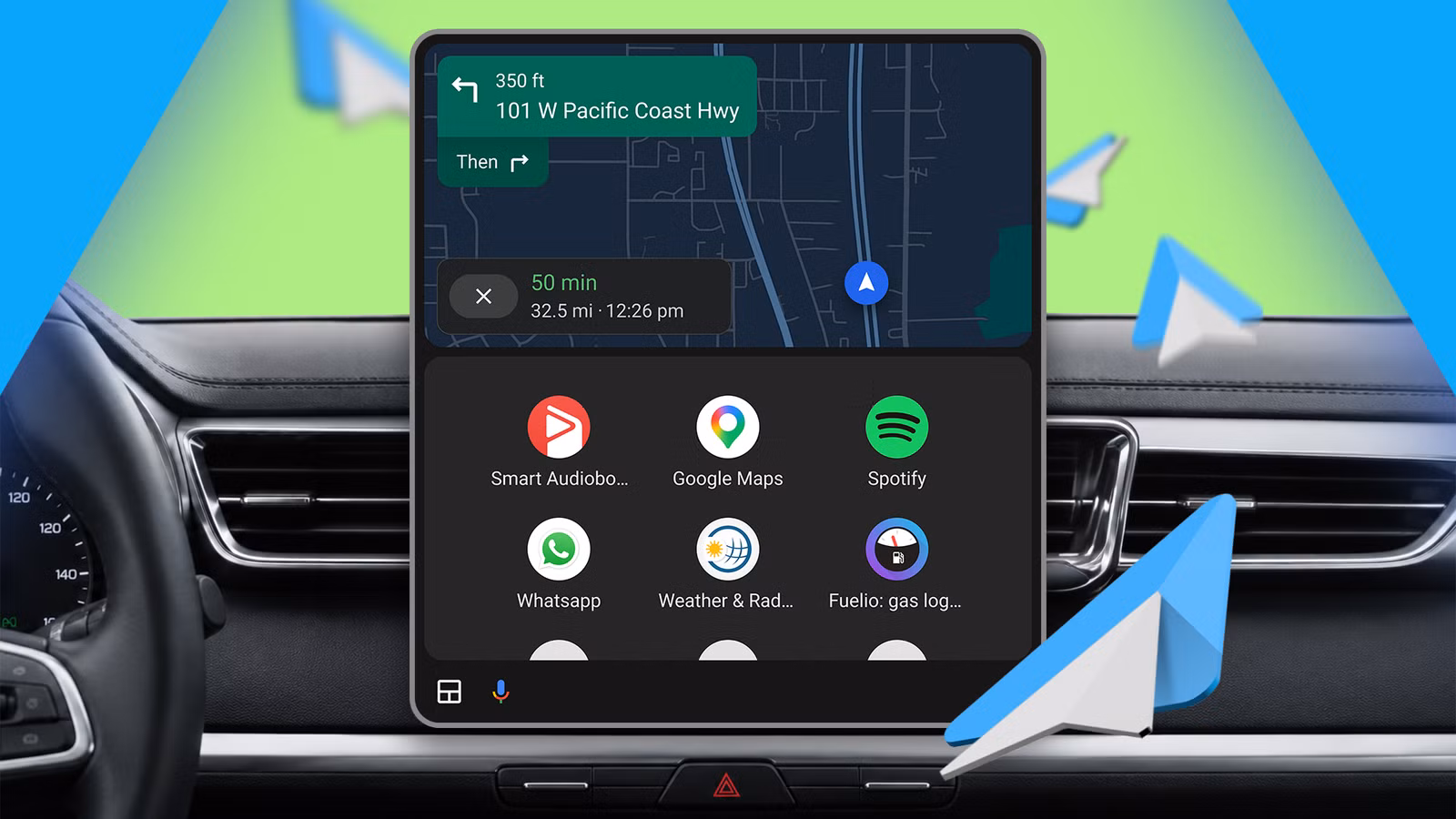 android auto dashboard showing google maps with essential apps like smart audiobook player spotify w avif