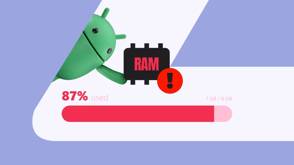 Android Mascot Holding A Ram Chip Above A Nearly Full Memory Usage Bar With A Warning Icon Showing H Avif