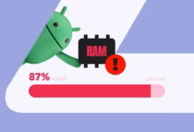 Android Mascot Holding A Ram Chip Above A Nearly Full Memory Usage Bar With A Warning Icon Showing H Avif