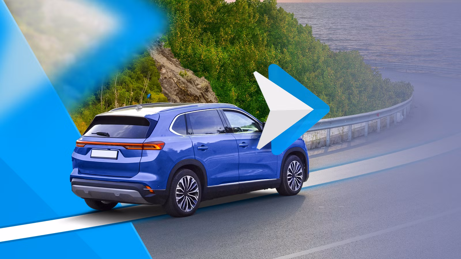 blue suv driving on a coastal road with a large android auto logo overlayed on the image png