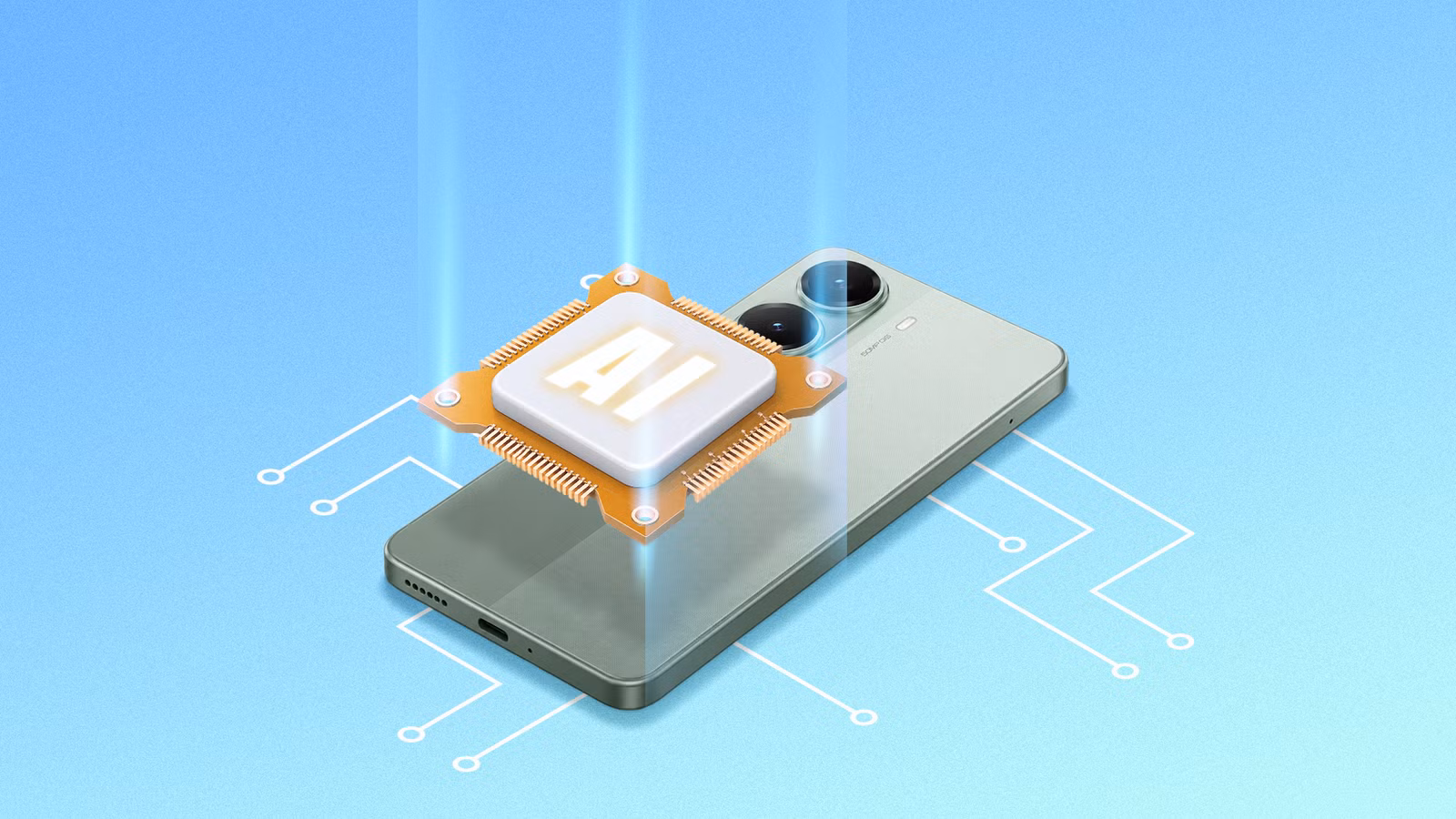 budget android smartphone with a glowing ai chip hovering above it png