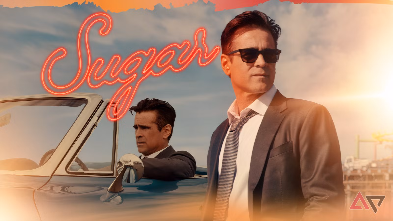 colin farrell in a suit beside a vintage convertible in sugar png