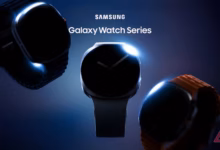 Dark Teaser Image Of The Samsung Galaxy Watch Series Showing Three Smartwatch Silhouettes With Glowi Avif