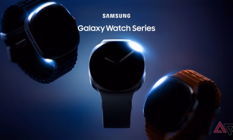 Dark Teaser Image Of The Samsung Galaxy Watch Series Showing Three Smartwatch Silhouettes With Glowi Avif
