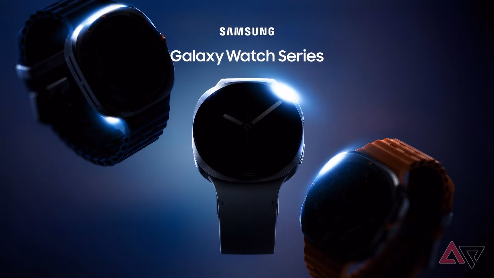 dark teaser image of the samsung galaxy watch series showing three smartwatch silhouettes with glowi avif
