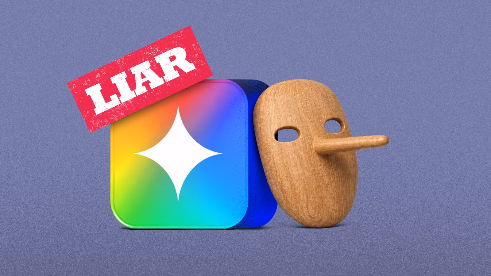 gemini logo with a wooden pinocchio mask and a red liar stamp png