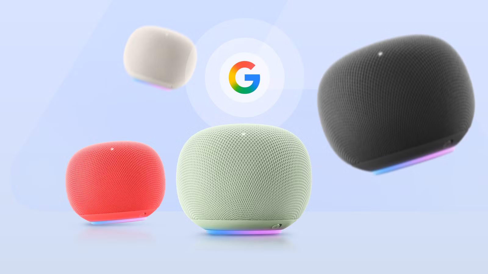 google home speakers in multiple colors float around the google logo png