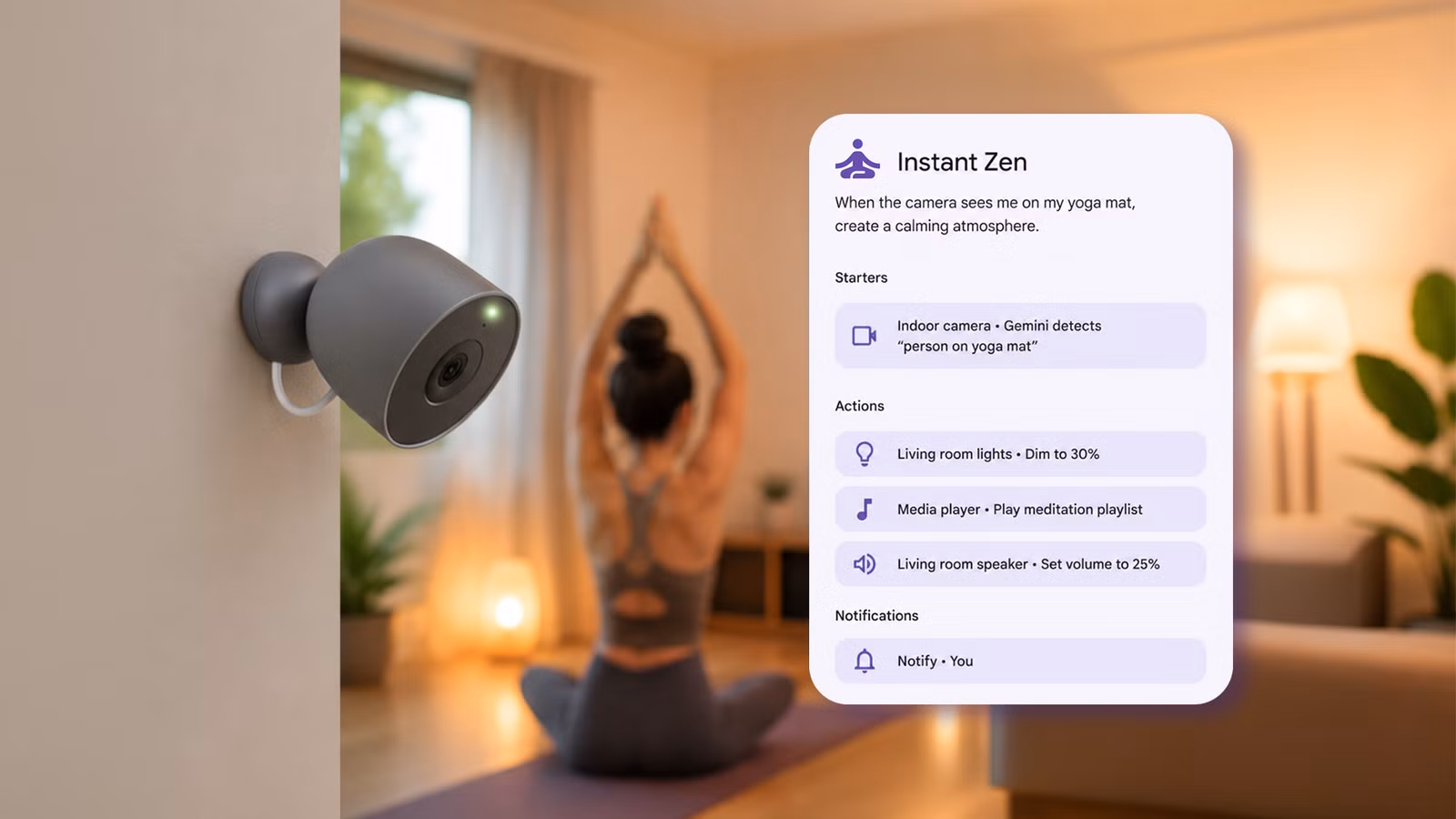 google nest cam detecting a yoga session and triggering an instant zen smart home routine png