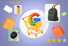 Google Shopping Cart Illustration With Product Cards Shopping Bags Price Tags And Star Ratings Aroun Avif
