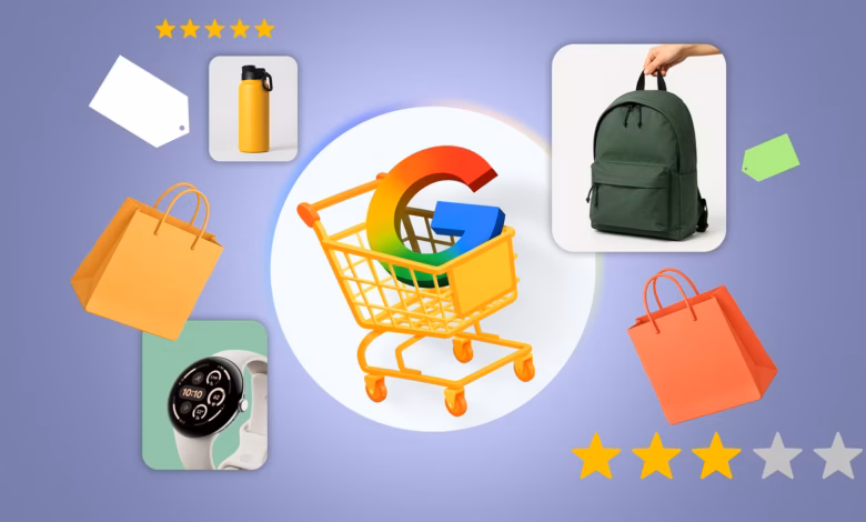 Google Shopping Cart Illustration With Product Cards Shopping Bags Price Tags And Star Ratings Aroun Avif