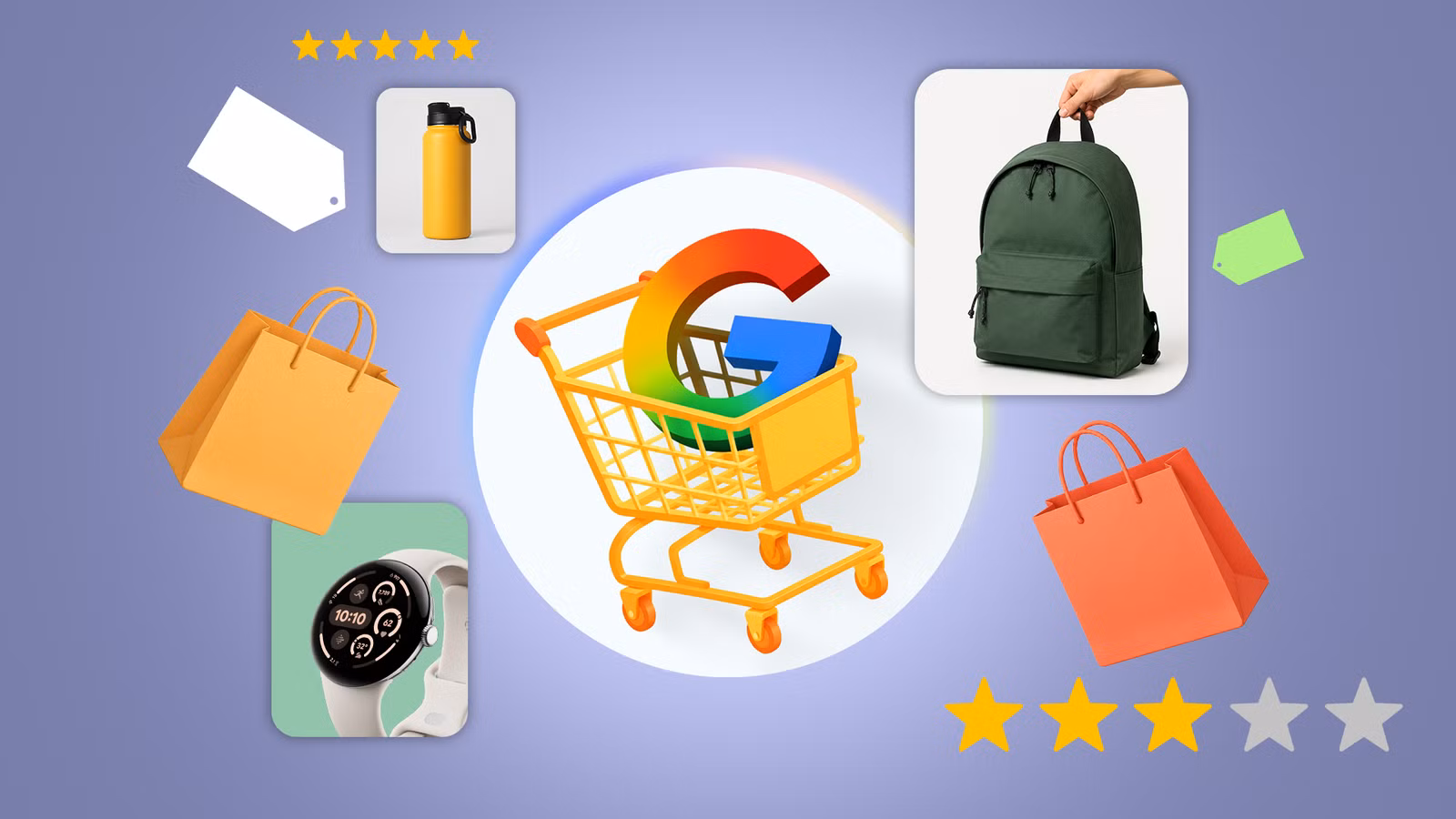google shopping cart illustration with product cards shopping bags price tags and star ratings aroun avif
