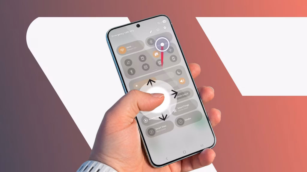 Hand Holding A Phone Using The Quick Cursor App To Control A Virtual Cursor Over The Quick Settings Avif