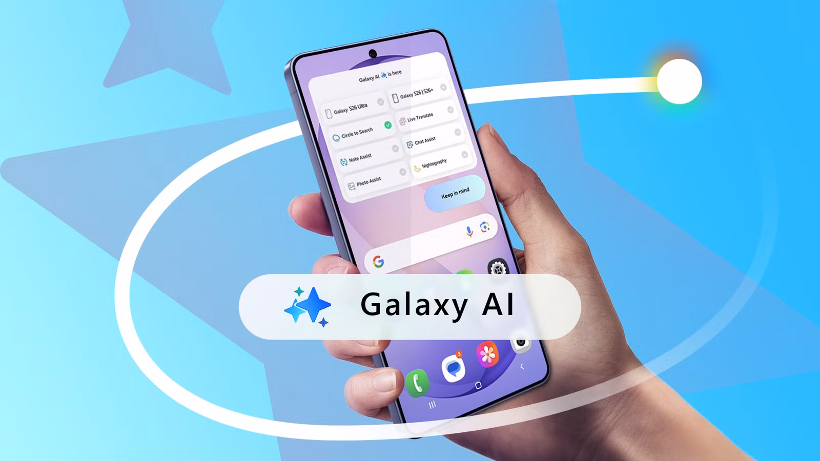 hand holding a samsung phone with galaxy ai and now brief shown on the screen jpg