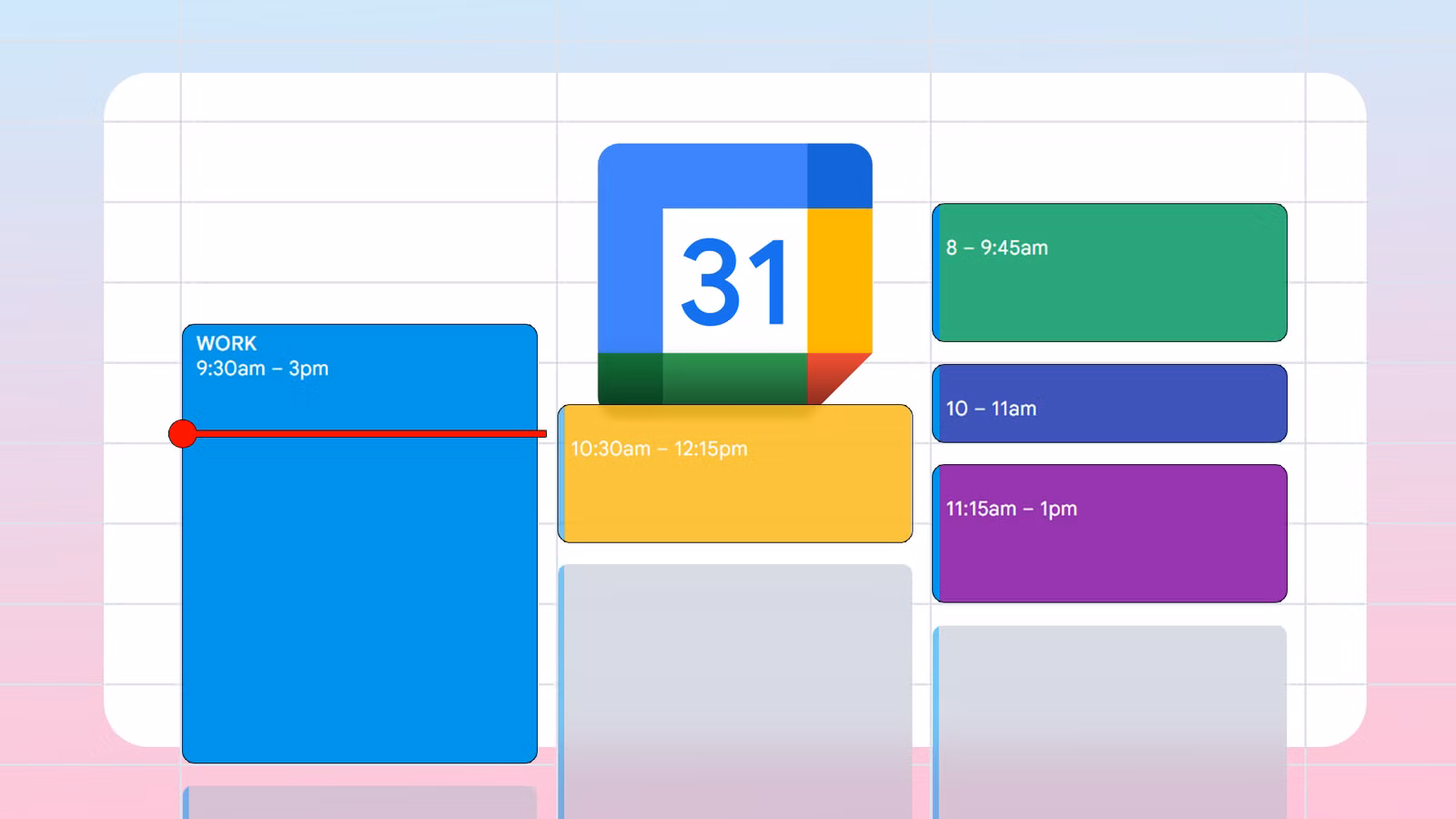 illustration of a google calendar schedule grid featuring colorful time blocks and the app logo png