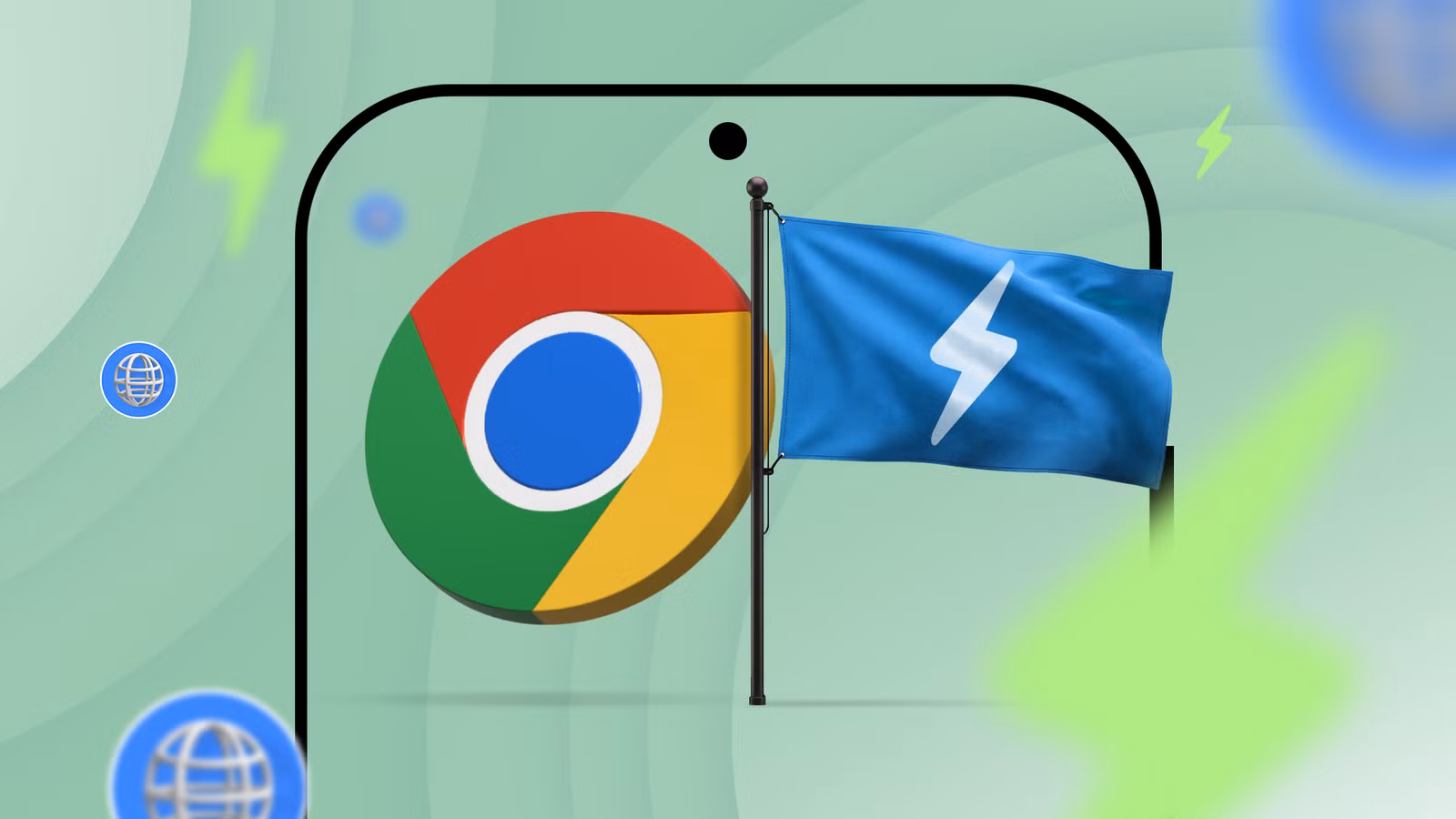 illustration of the google chrome logo on a phone screen with a blue performance flag symbol beside avif