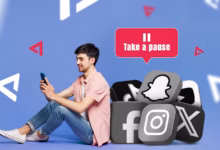 Person Sitting With A Smartphone Next To Social Media App Icons While A Take A Pause Message Encoura Avif