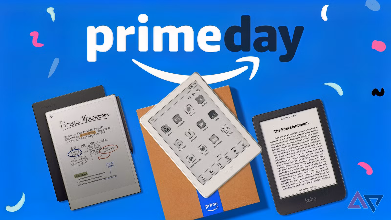 prime day graphic featuring the remarkable paper pro boox go 6 gen ii and kobo clara e readers png