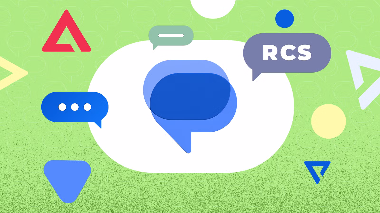 the google messages logo surrounded by colorful abstract shapes and an rcs chat bubble on a green ba avif