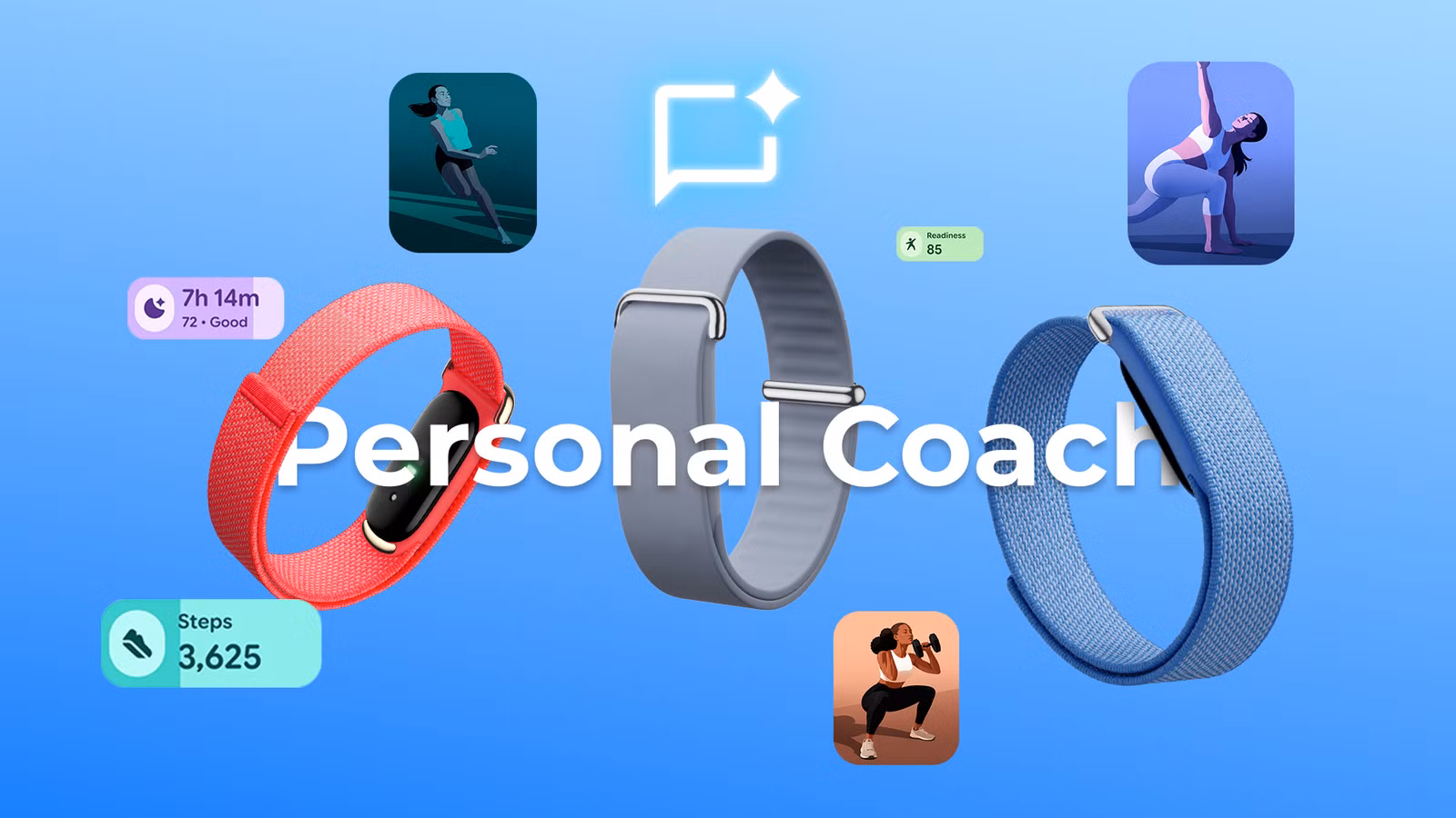 three fitbit air bands on a blue background with workout cards and personal coach text png